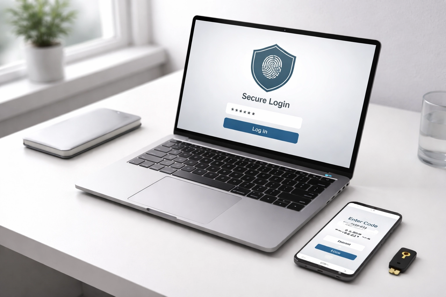 Secure office desk with fingerprint laptop and verification screen highlighting IRS data protection