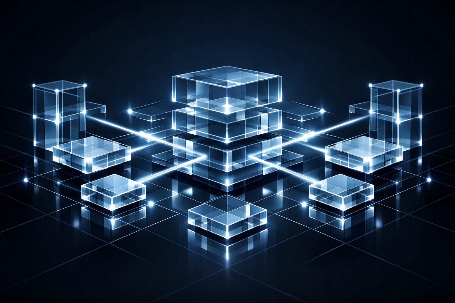Interconnected digital nodes illustrating secure multi-agent coordination in an AI workflow.