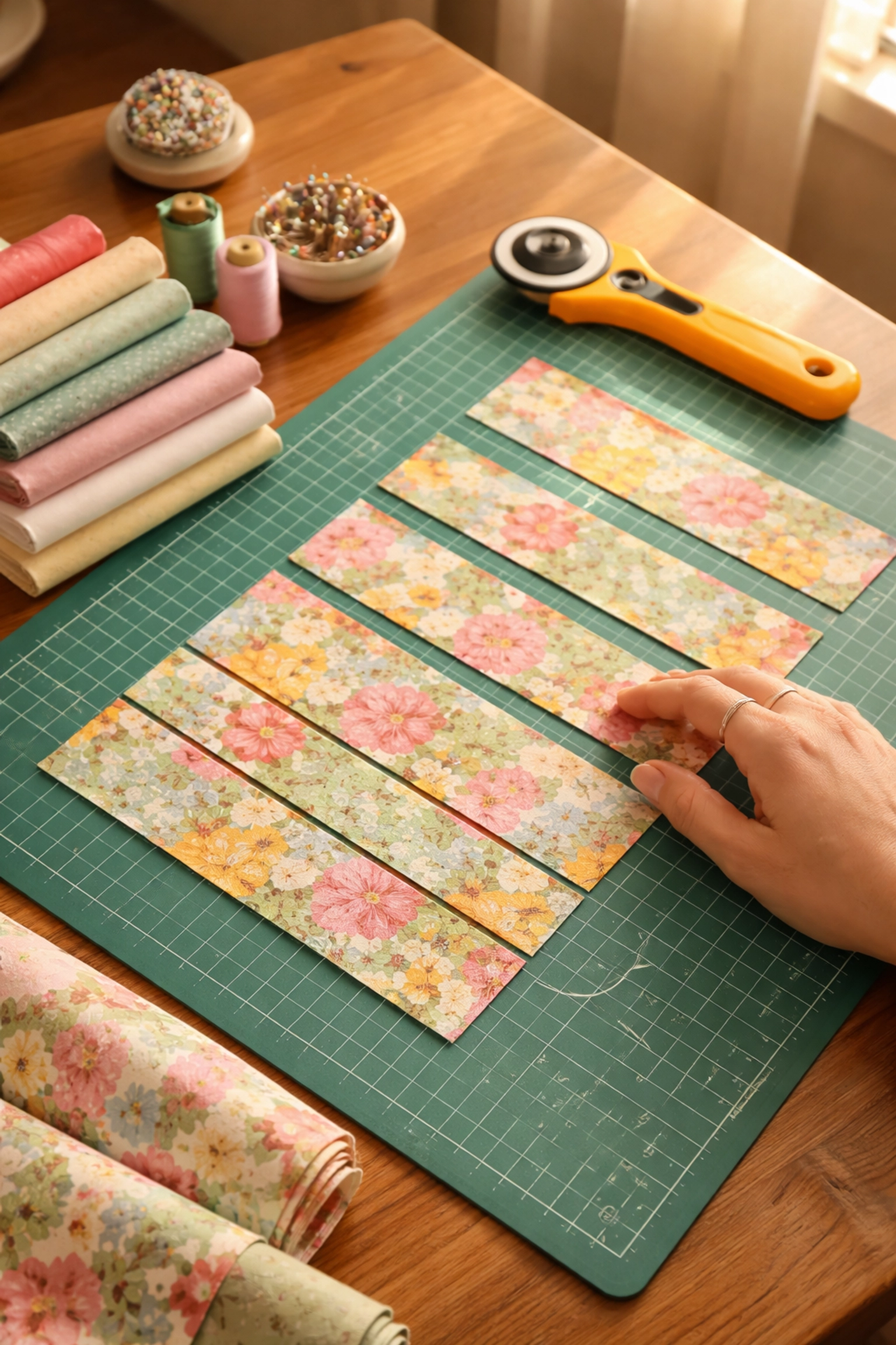 Self-healing cutting mat with fresh rotary cuts, stacked fabric strips, and active quilting, illustrating our mat testing process.