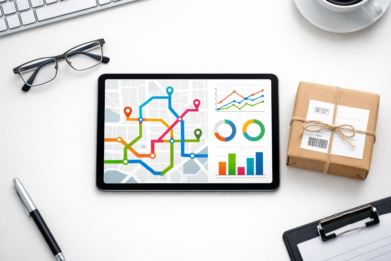 Logistics software on a tablet next to a parcel, highlighting automated customs and UK to USA shipping tools.