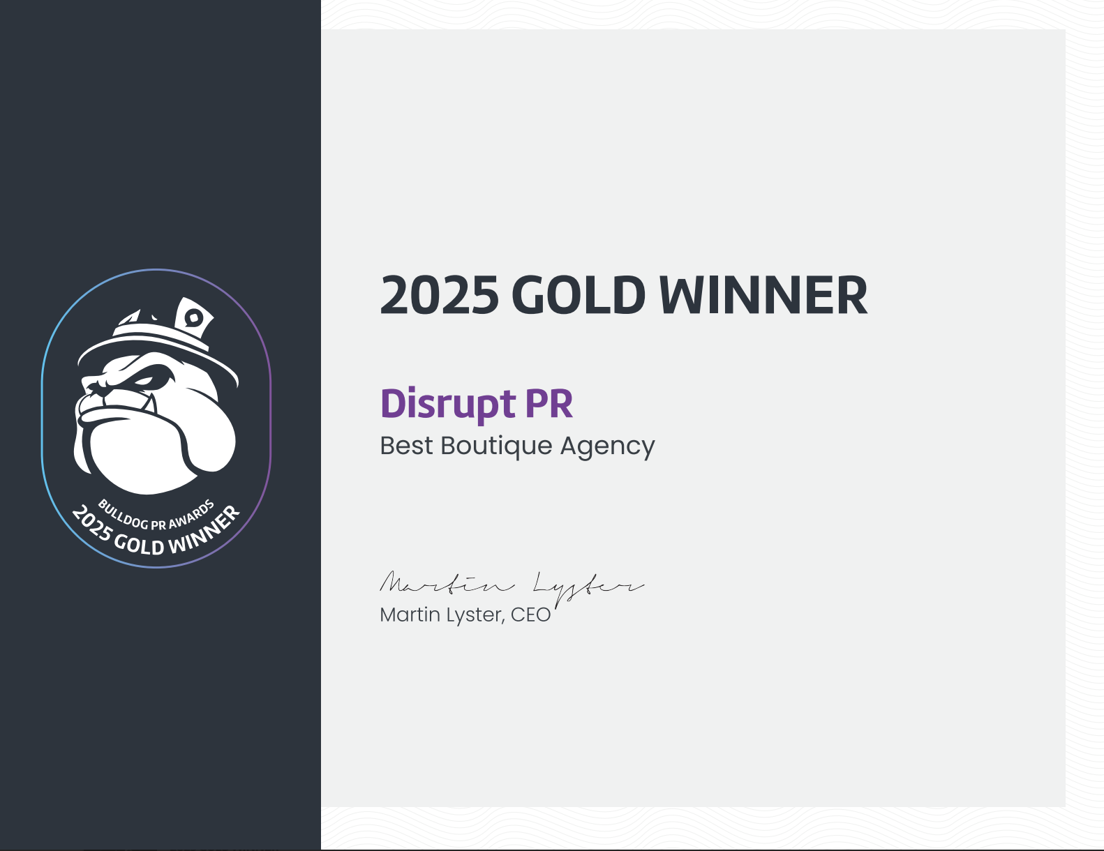 Bulldog PR Awards 2025 Gold Winner Certificate
