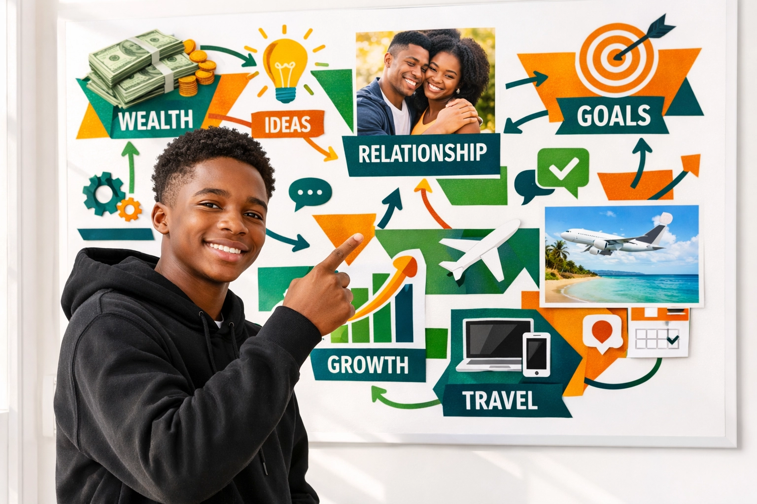 Teen exploring life skills vision board with financial literacy and digital safety concepts