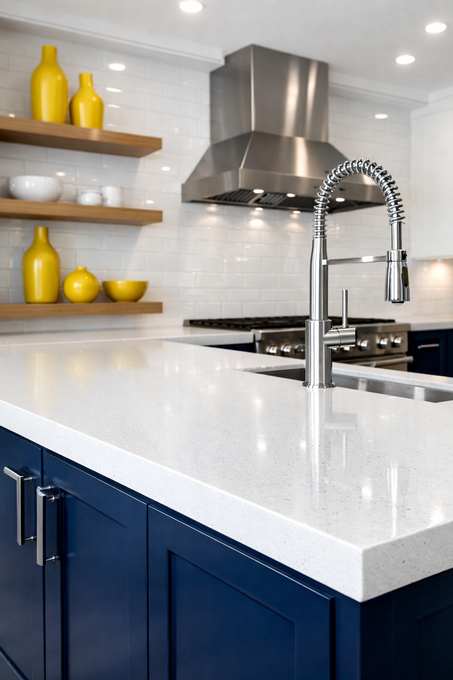A gleaming modern kitchen in Worcester featuring polished quartz countertops after a deep move-in clean.