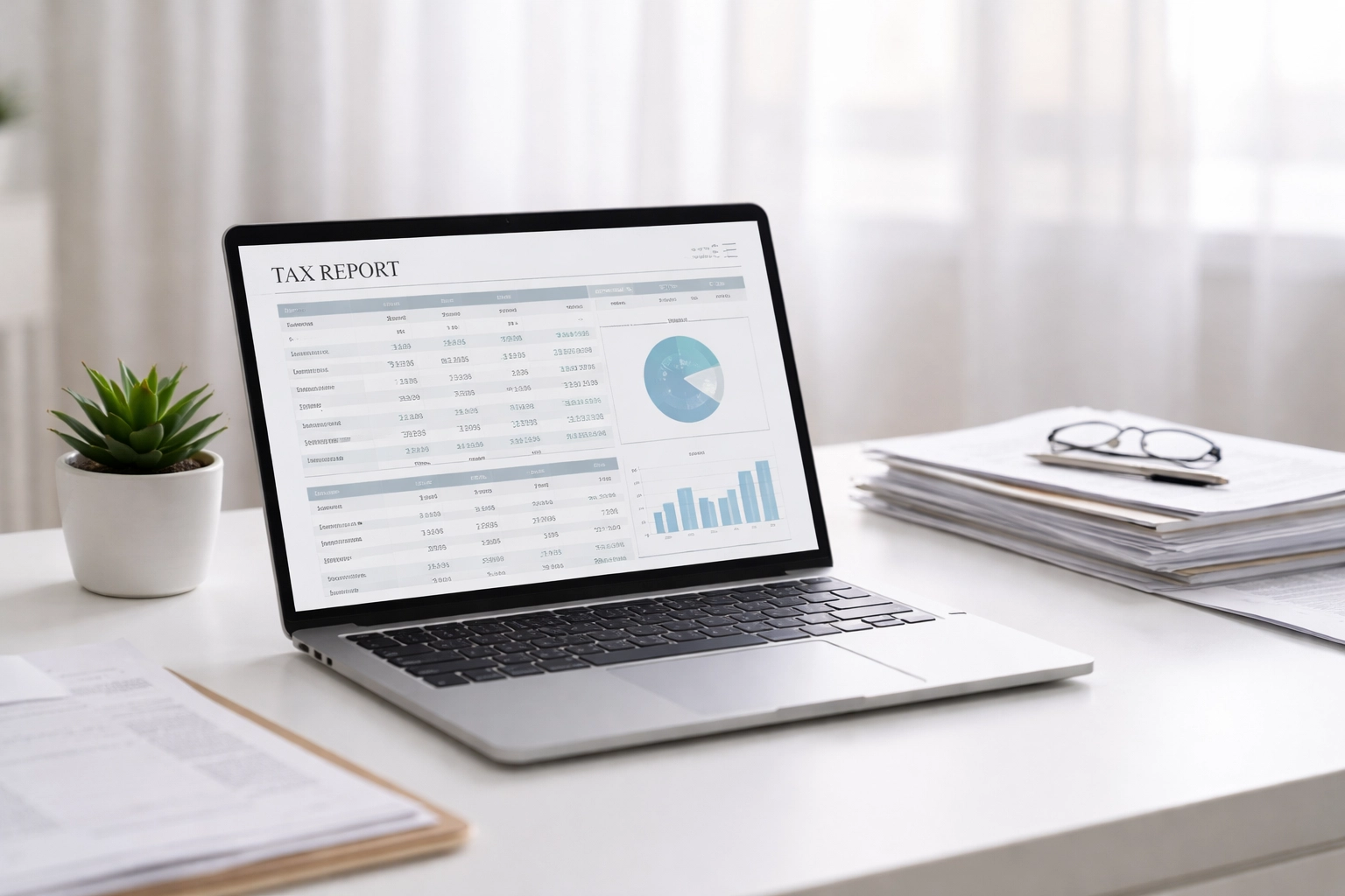 Modern tax office workspace with laptop and documents illustrating efficient tax preparation setup