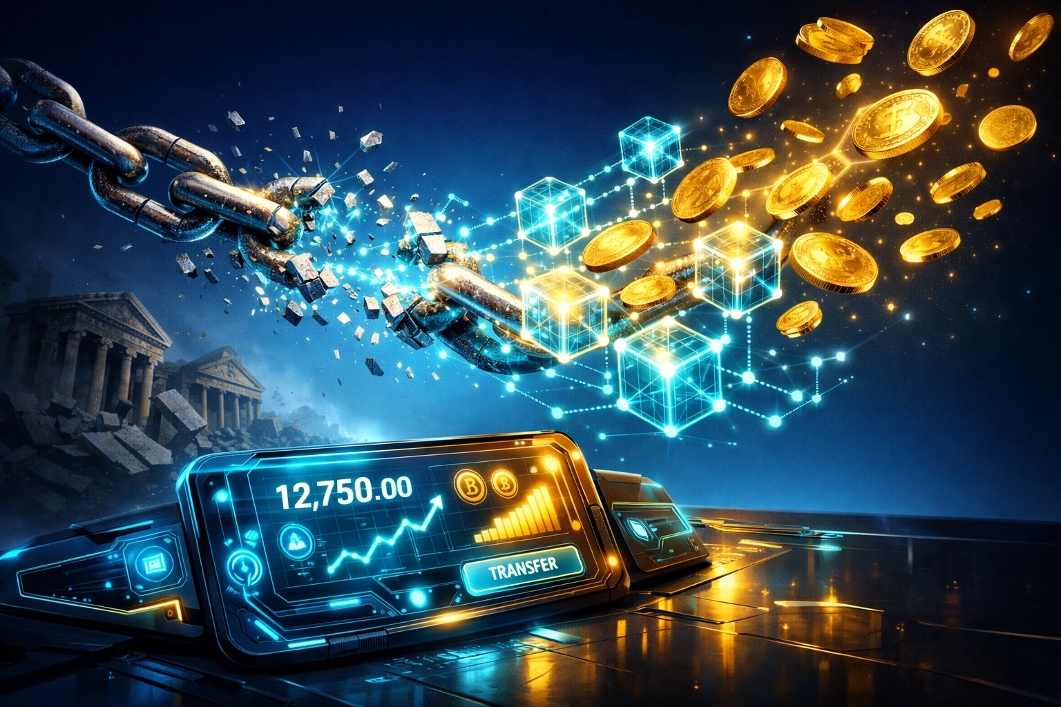 Blockchain network breaking free from traditional banking chains with digital wallet and cryptocurrency