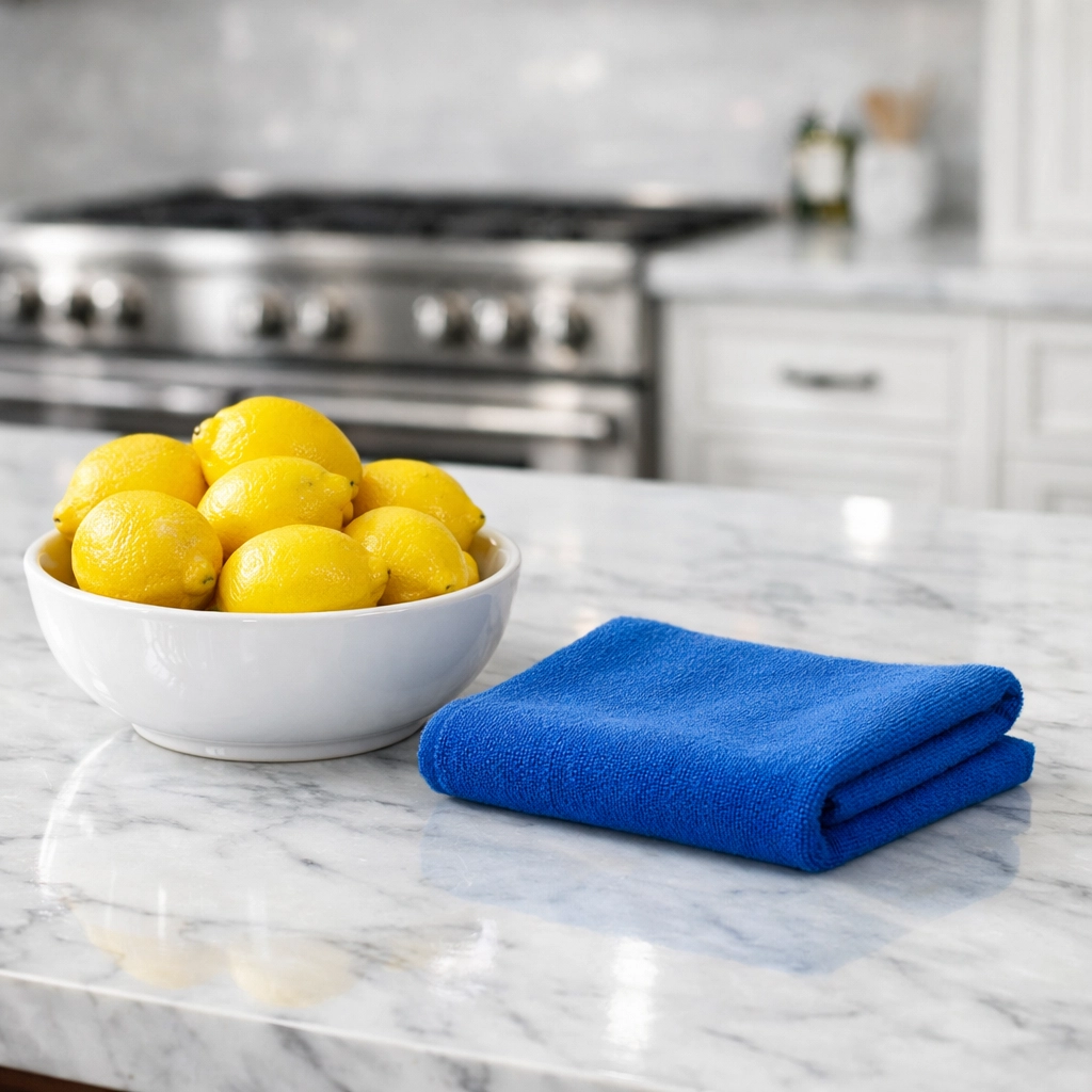 Sparkling white marble kitchen island protected by regular weekly house cleaning in the MetroWest area.