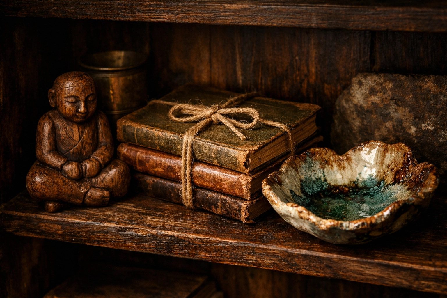 Collection of unique handcrafted gifts including a wooden figurine and artisan ceramic dish on a shelf.