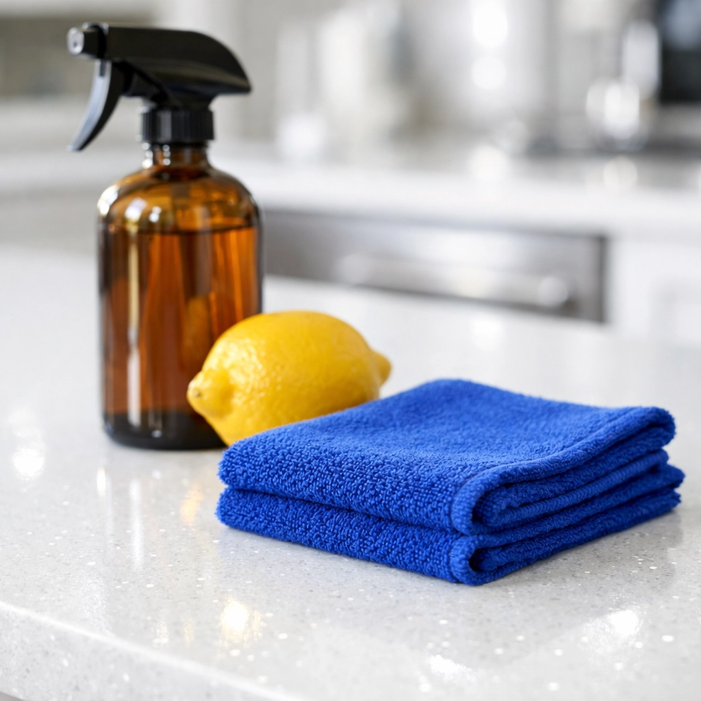 Eco-friendly house cleaning supplies on a sparkling white quartz kitchen island in a Medfield home.