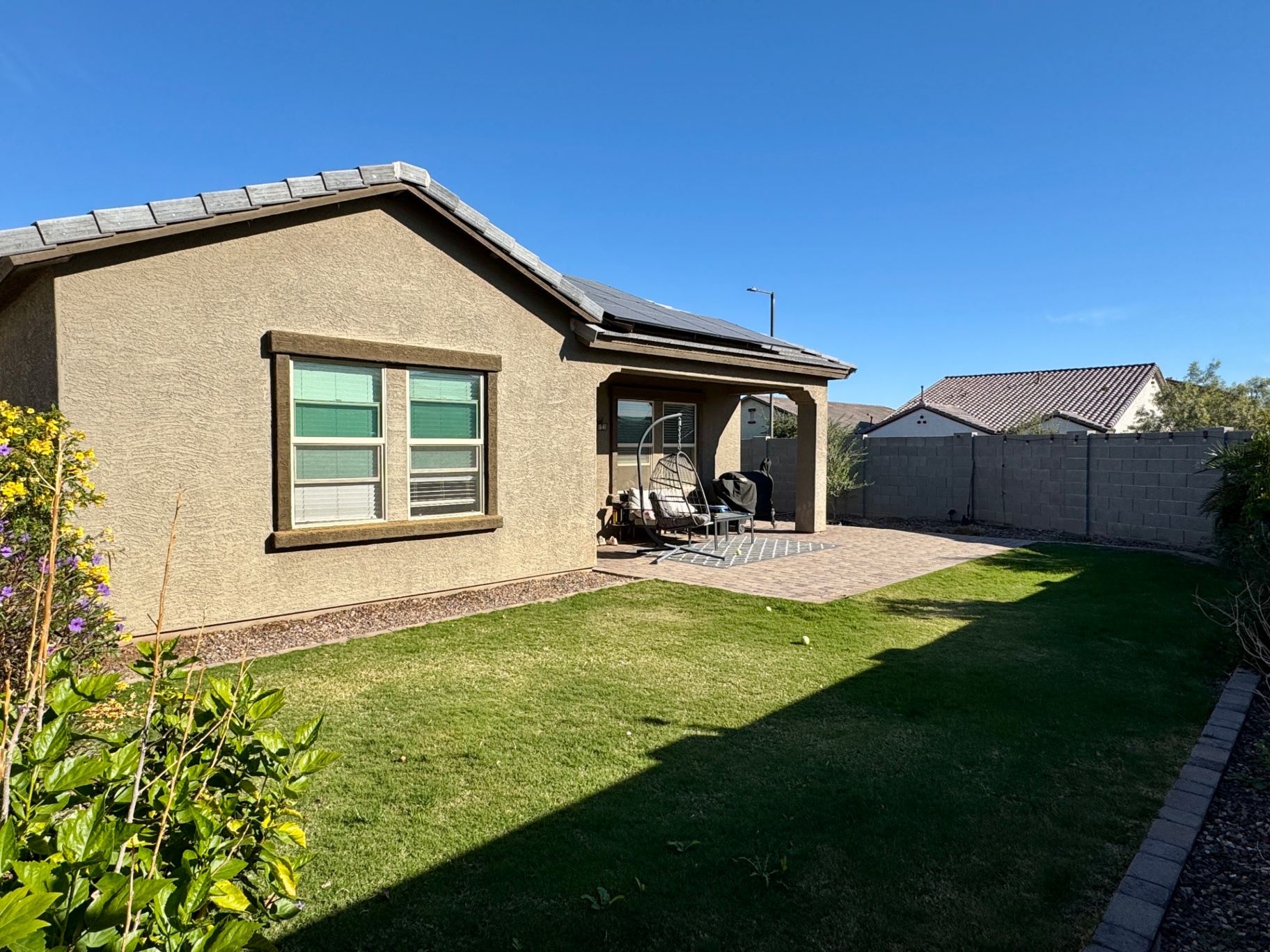 Backyard view of Arizona home in Blue Horizons Buckeye AZ Single-story Arizona home backyard featuring a covered patio, paver flooring, outdoor seating, and a well-maintained grassy lawn with flowering shrubs and a block privacy wall. Ideal for entertaining or relaxing outdoors.