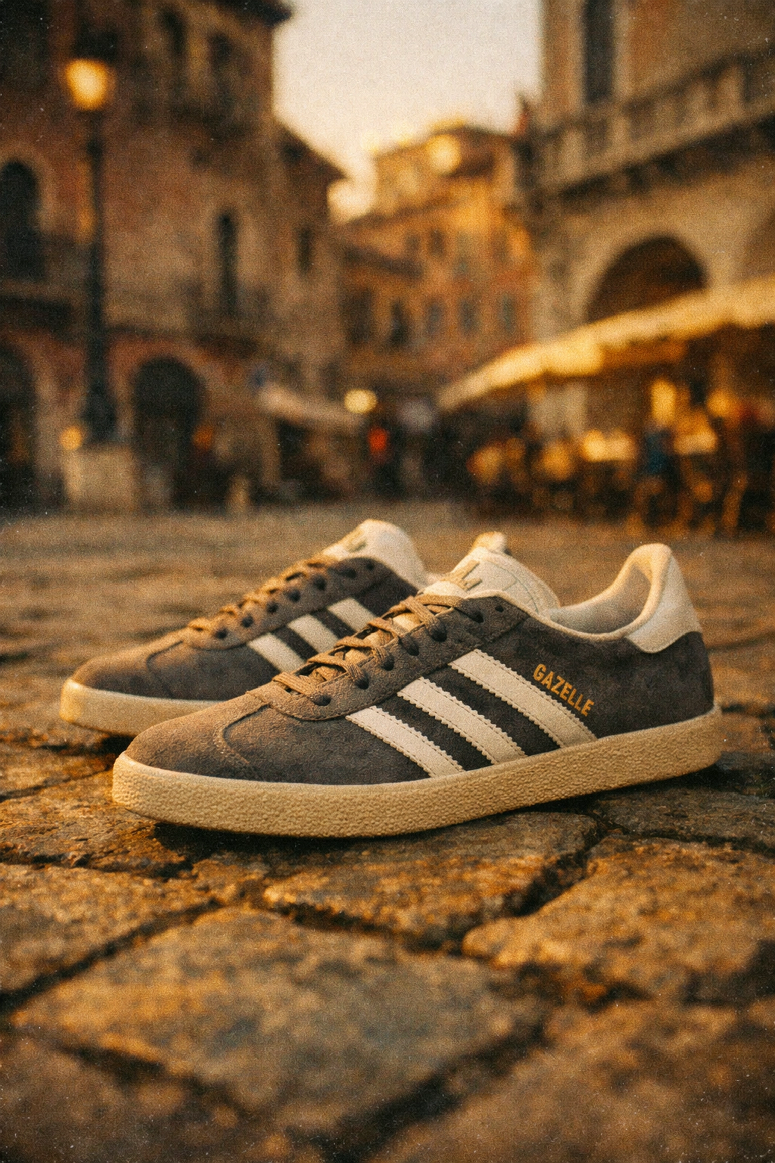 Grey suede Adidas Gazelle sneakers on cobblestone in Italian piazza setting