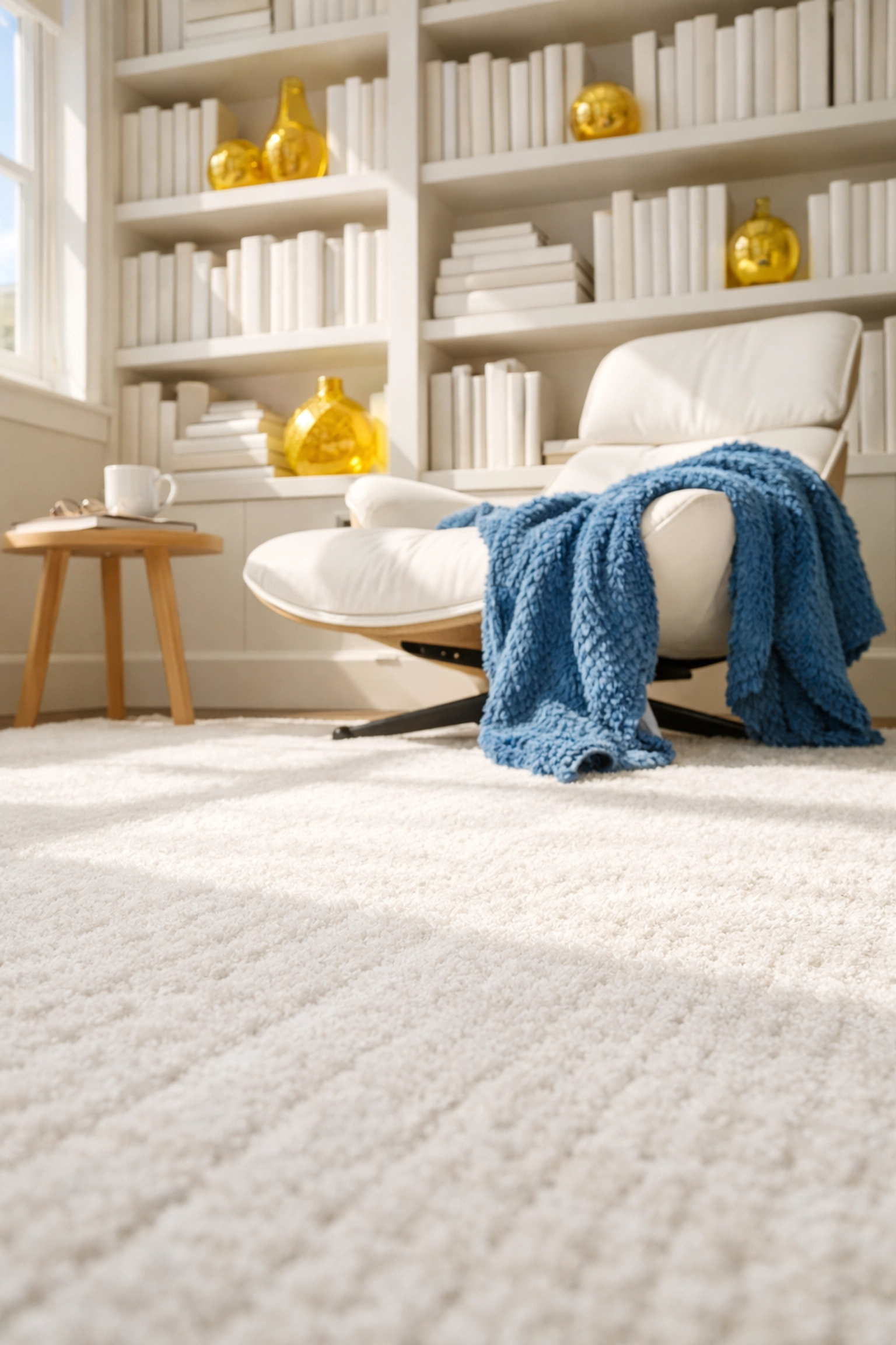 Dust-free home library with a freshly vacuumed rug from a weekly house cleaning service in Marstons Mills.