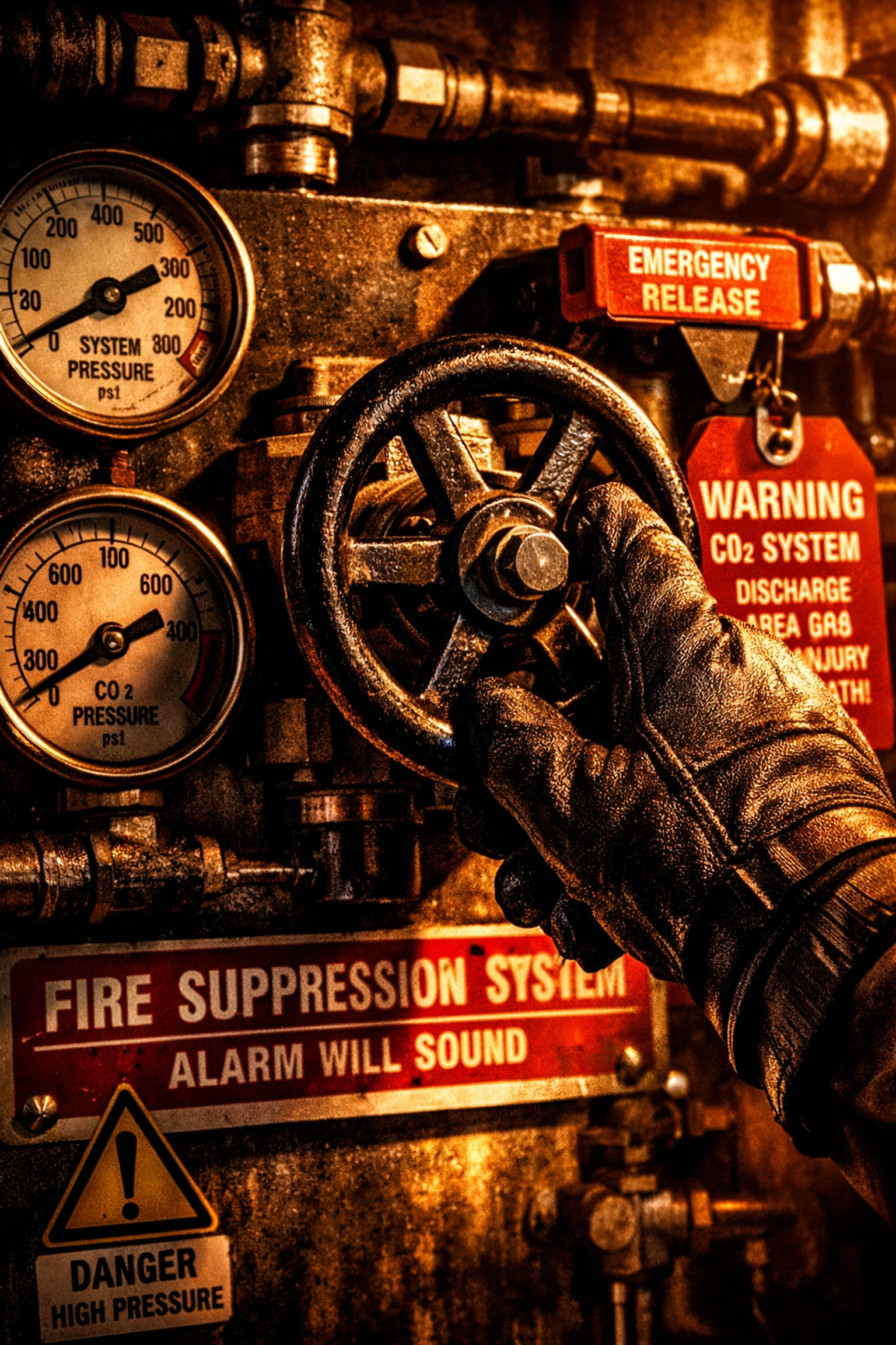 Fire suppression system control panel with pressure gauges and valves being maintained