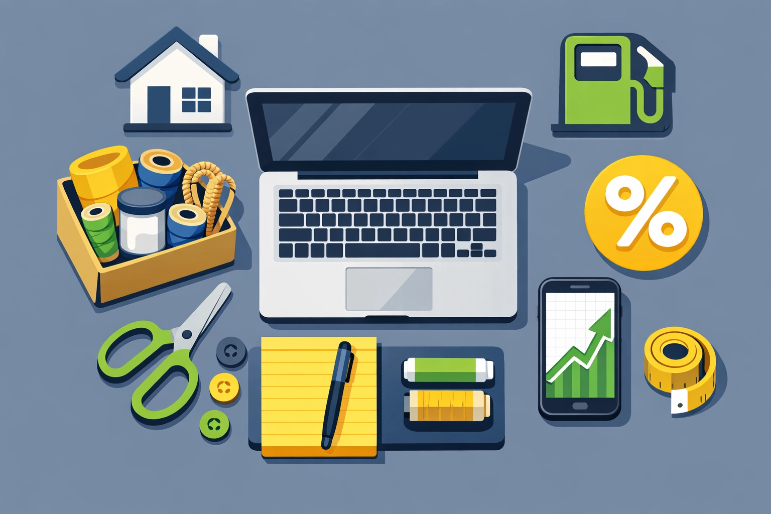 Workspace with icons for tax deductions like home office and mileage for New Haven small business owners and side hustlers.