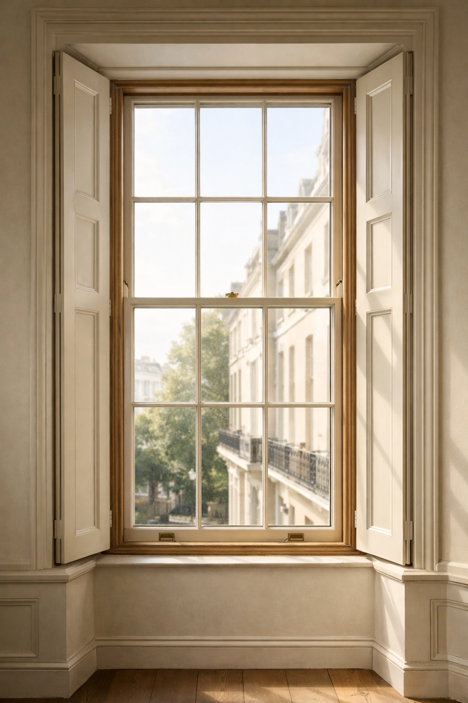 Original sash window in Cheltenham Regency terrace with timber frame
