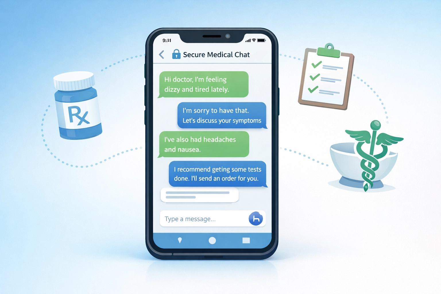 Patient chatting with doctor on smartphone to receive online prescription and treatment plan