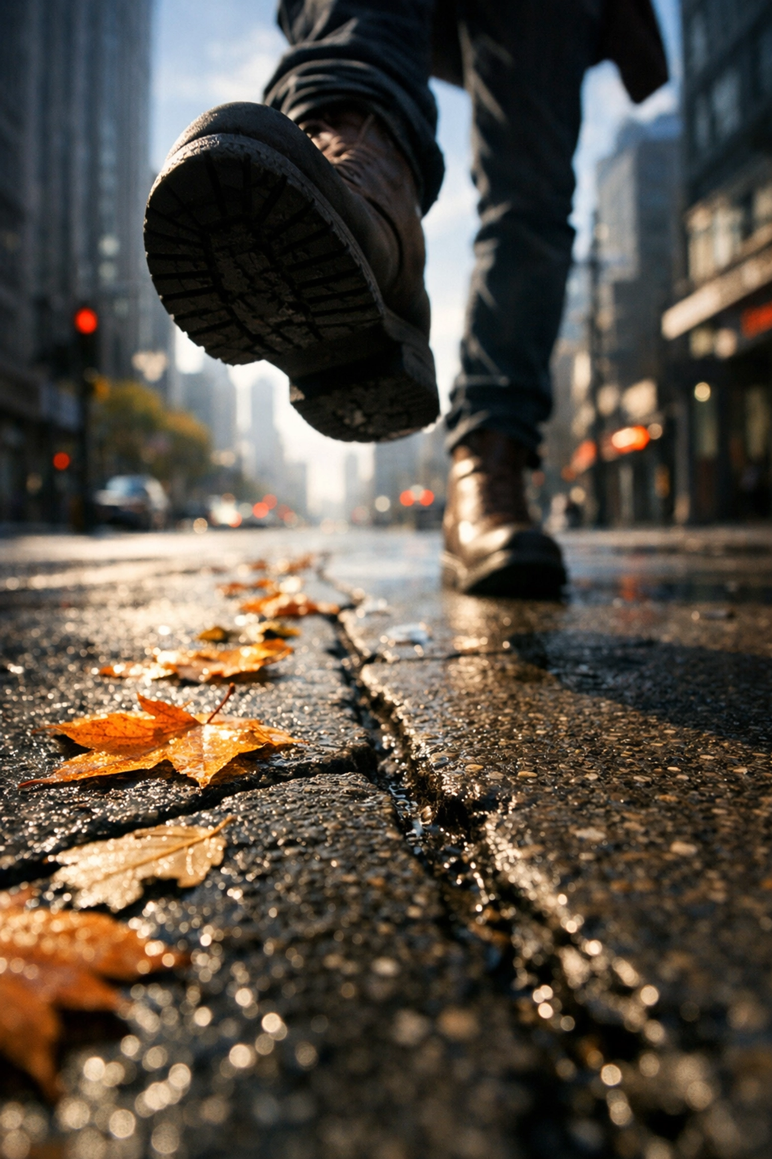 Creative street photography idea using a low angle to capture a pedestrian walking on pavement.