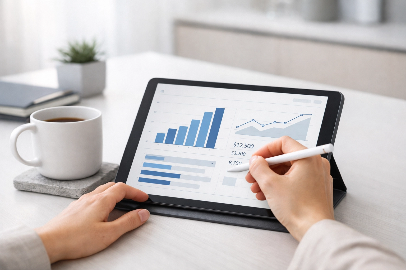 Using a digital tablet to review financial charts and adjust tax withholding for the 2026 tax year.