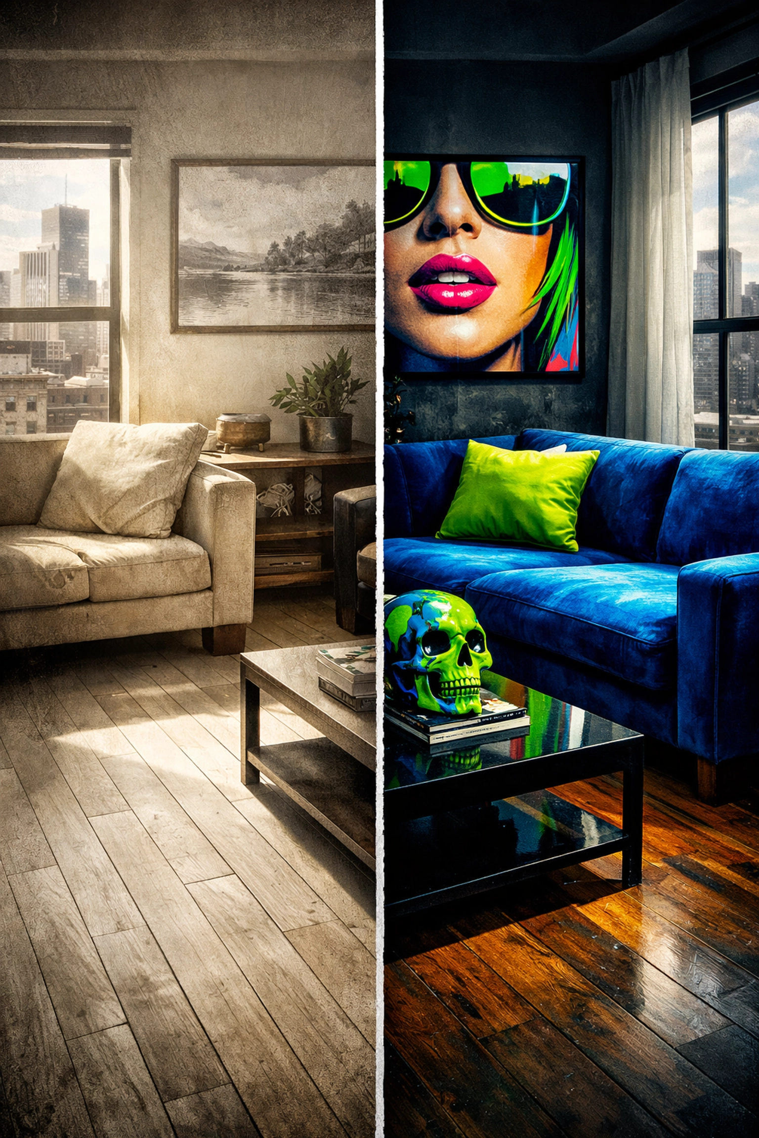 UV damage comparison showing faded furniture vs protected interior with window film