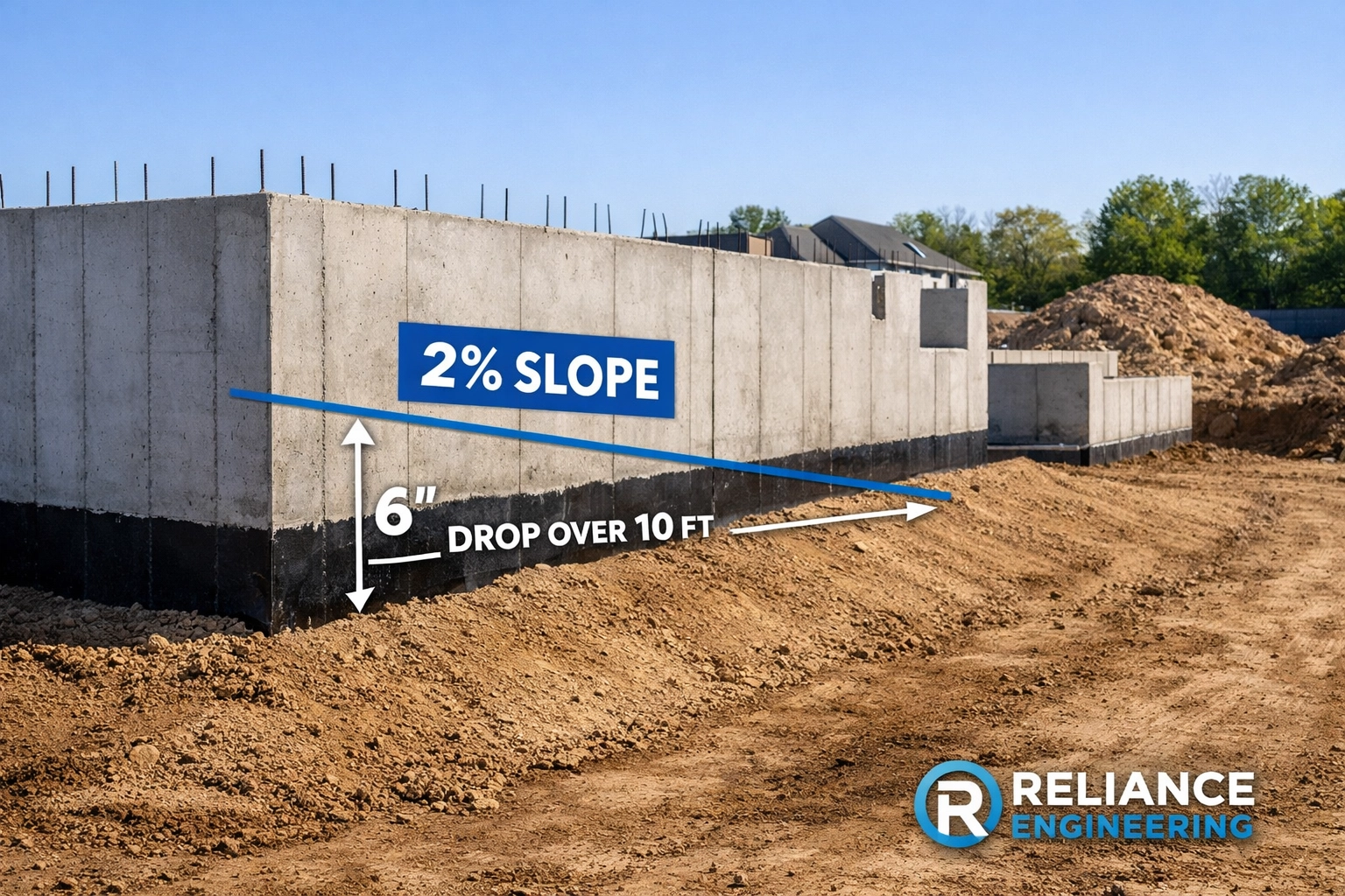 Proper lot grading plan showing a 2% slope away from a residential foundation to prevent flooding.