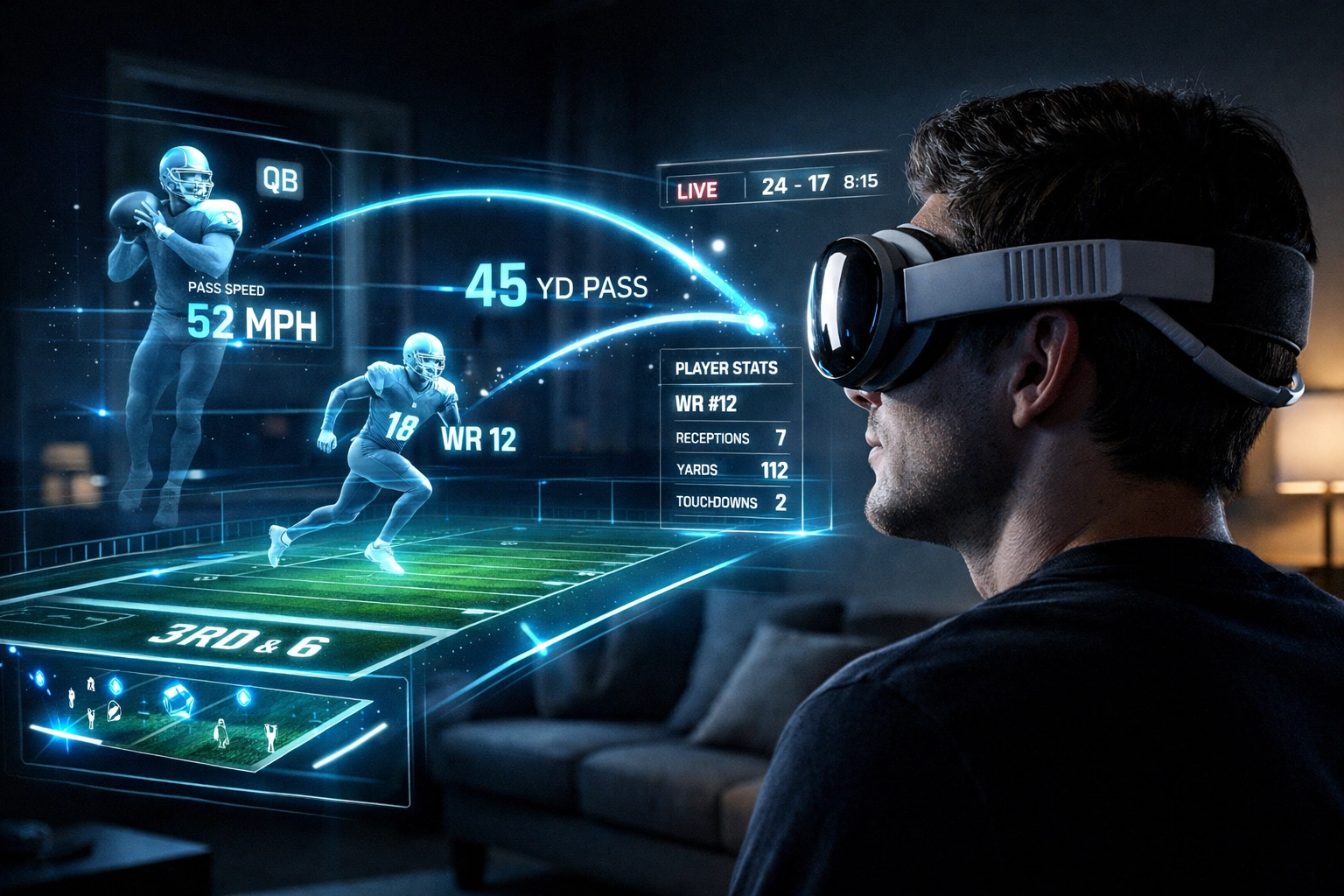 Apple Vision Pro headset displaying augmented reality football stats and player overlays