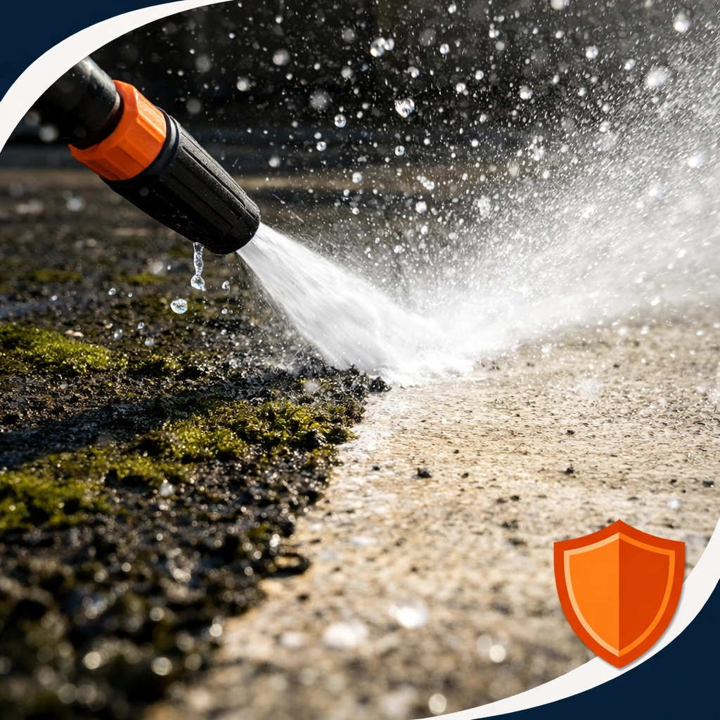 Pressure washer nozzle blasting away grime and algae from a dirty concrete driveway.