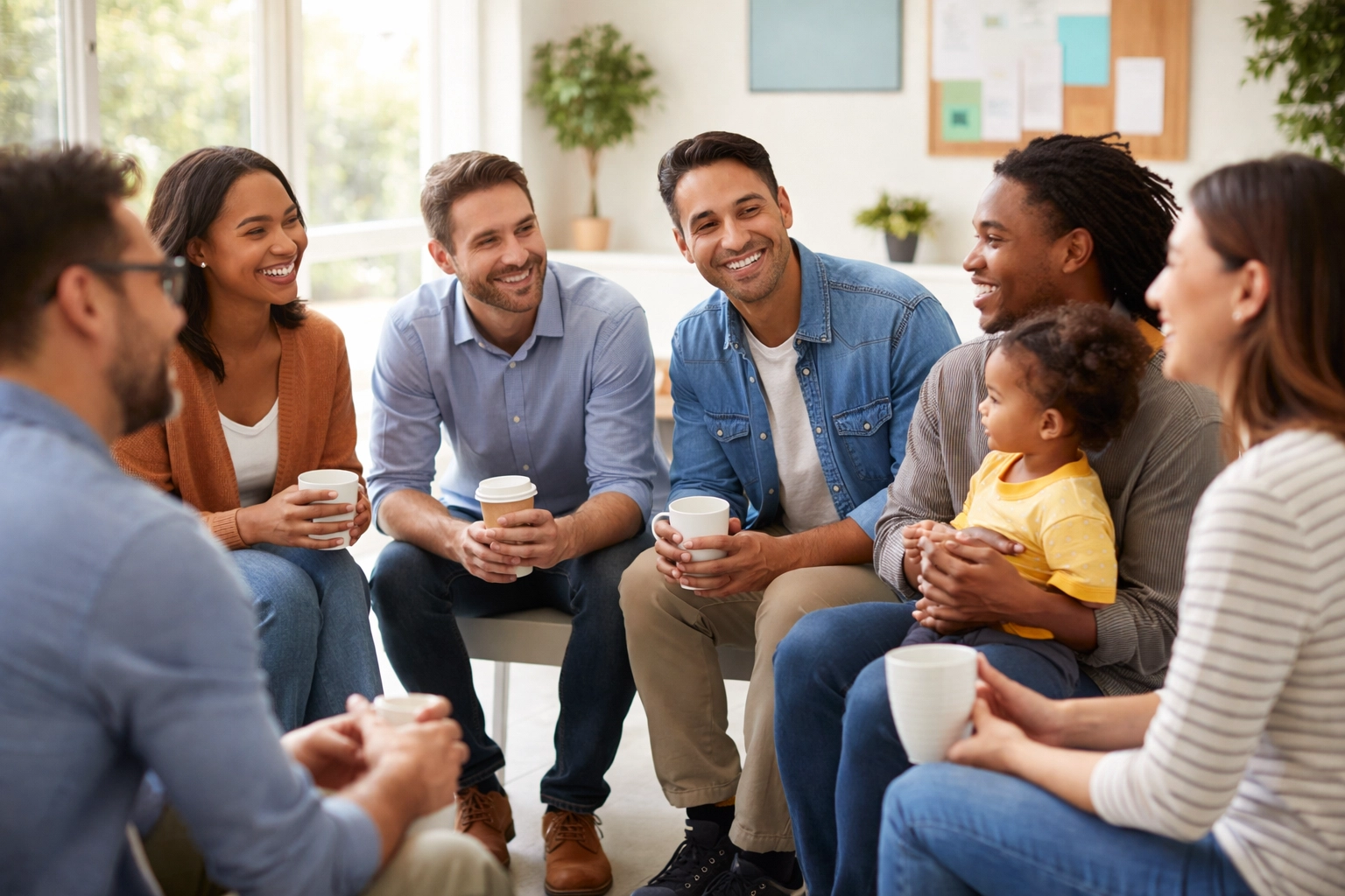 Diverse parents having a supportive discussion in a bright community space at Balance Autism