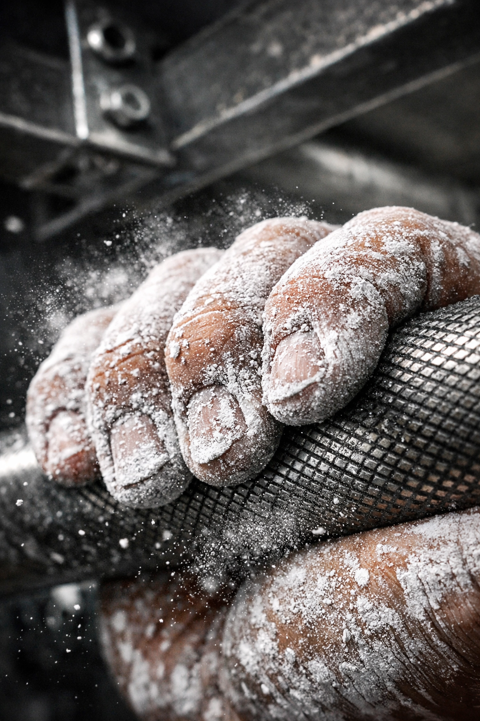 Close-up of chalked hands on a stable bar for a safe full body workout at home and resistance training.