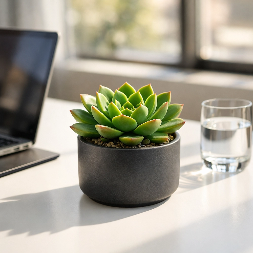 Vibrant desk succulent in a minimalist charcoal planter symbolizing professional growth and brand legacy.