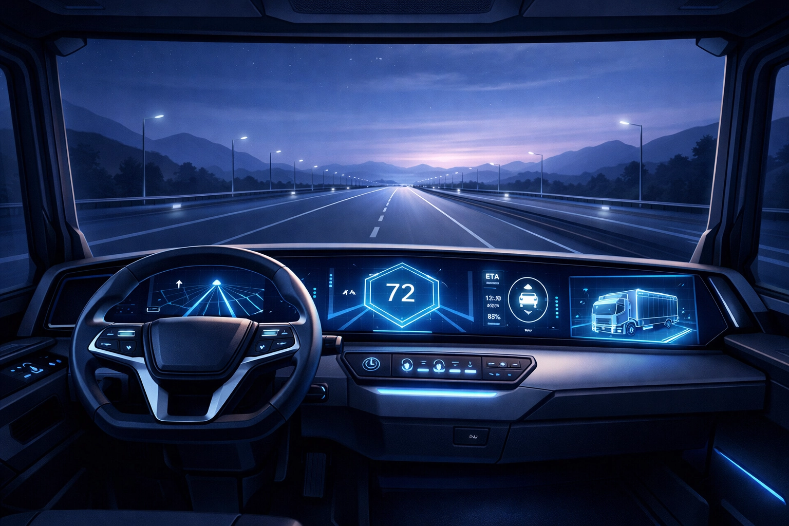 Futuristic zero-emission HGV driver cabin showing advanced tech for the North West logistics industry in 2026.