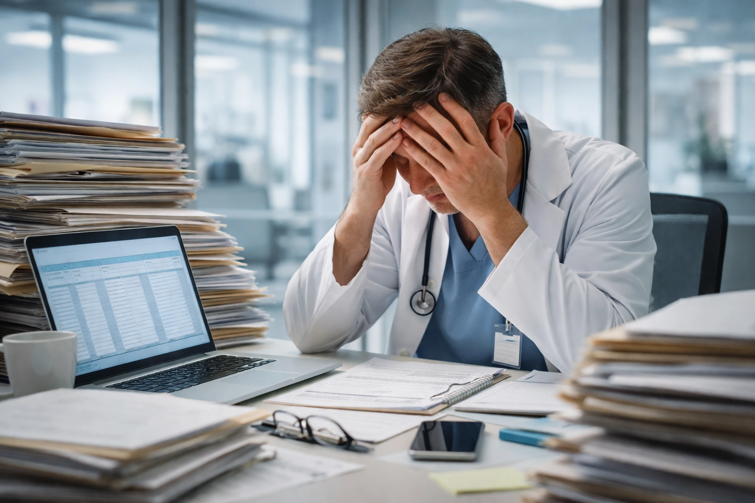 Stressed healthcare administrator overwhelmed by paperwork and audit preparation at cluttered office desk