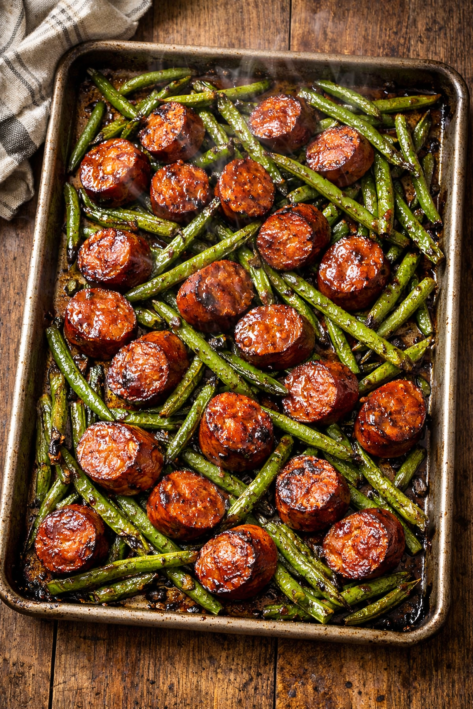 Roasted sausage and green beans on sheet pan for easy weeknight dinner