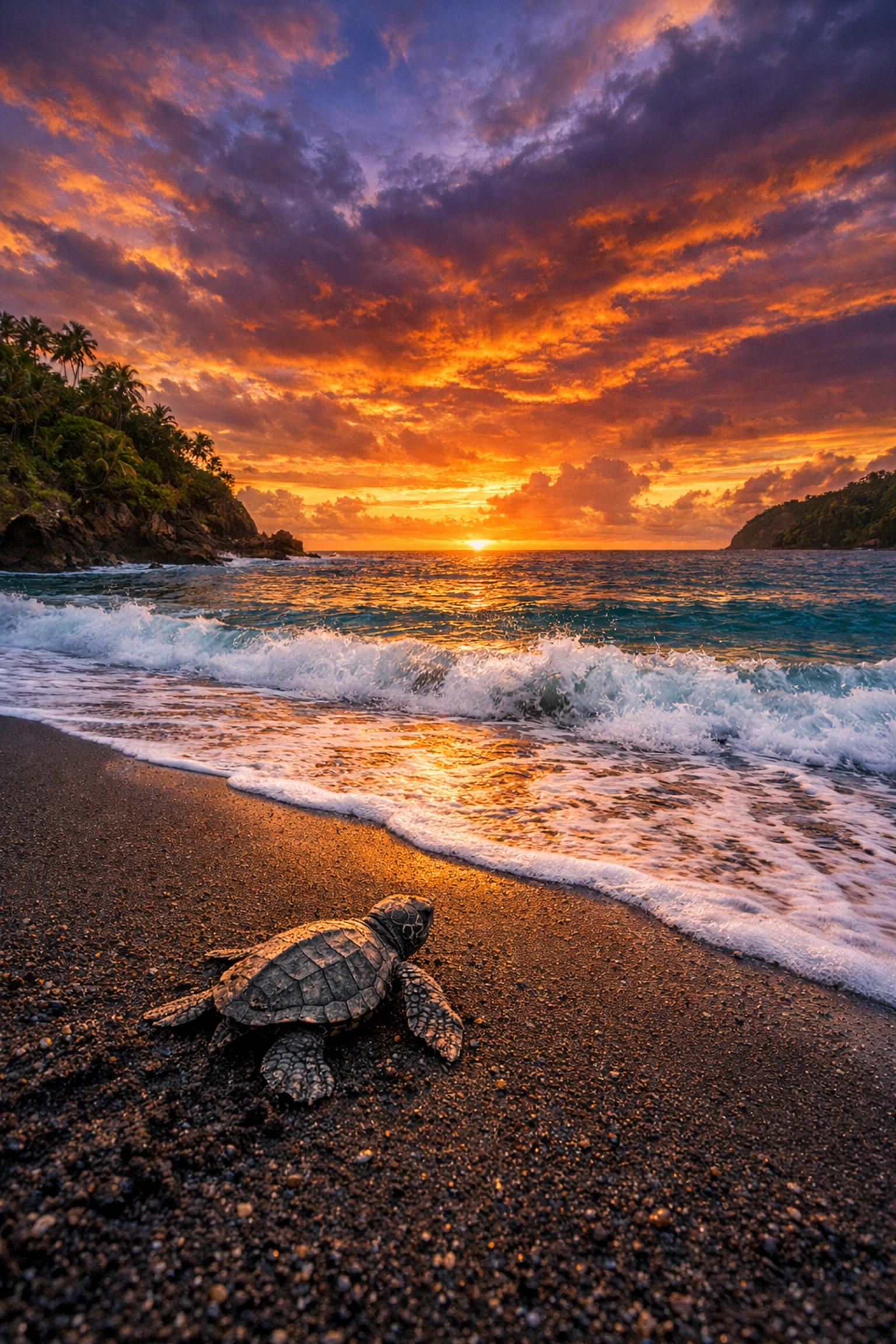 Sea turtle hatchling on a volcanic sand beach at sunset illustrating Costa Rican wildlife conservation efforts.