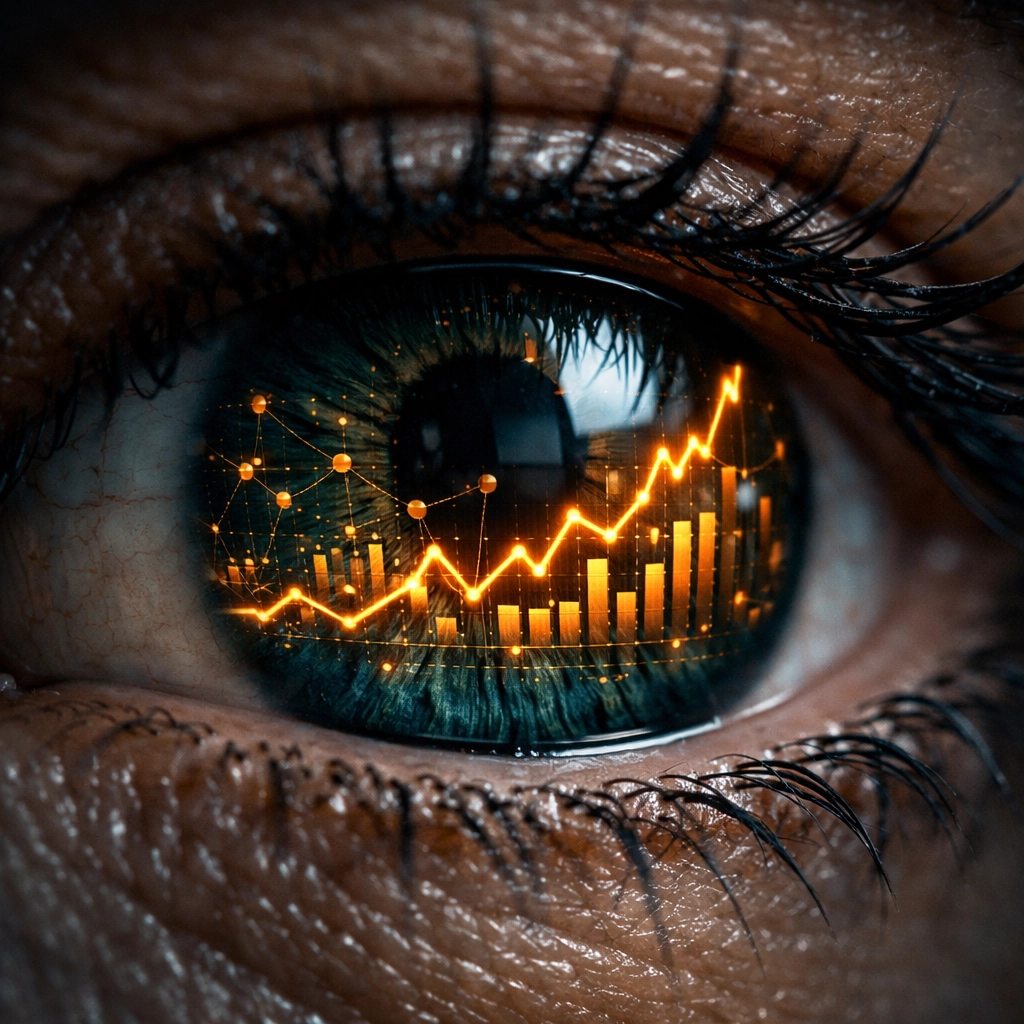 A human eye reflecting a digital dashboard of growth graphs, symbolizing data-driven content marketing analysis.