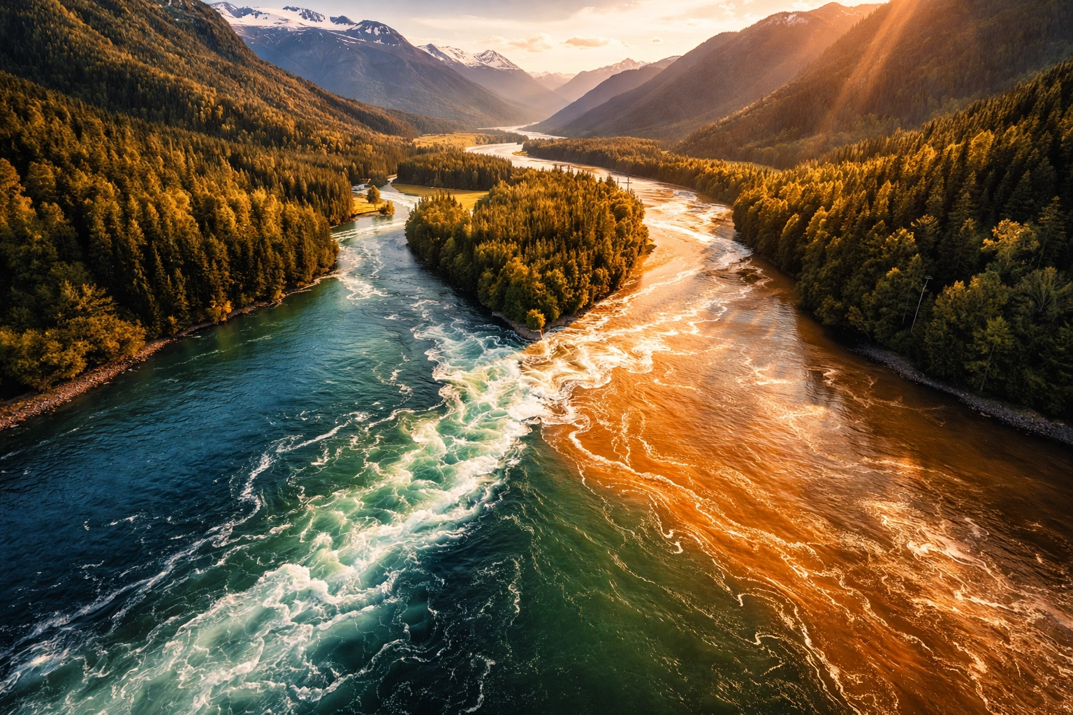 Aerial view of three colorful rivers merging, illustrating allocation diversification into stocks, bonds, and alternative investments.