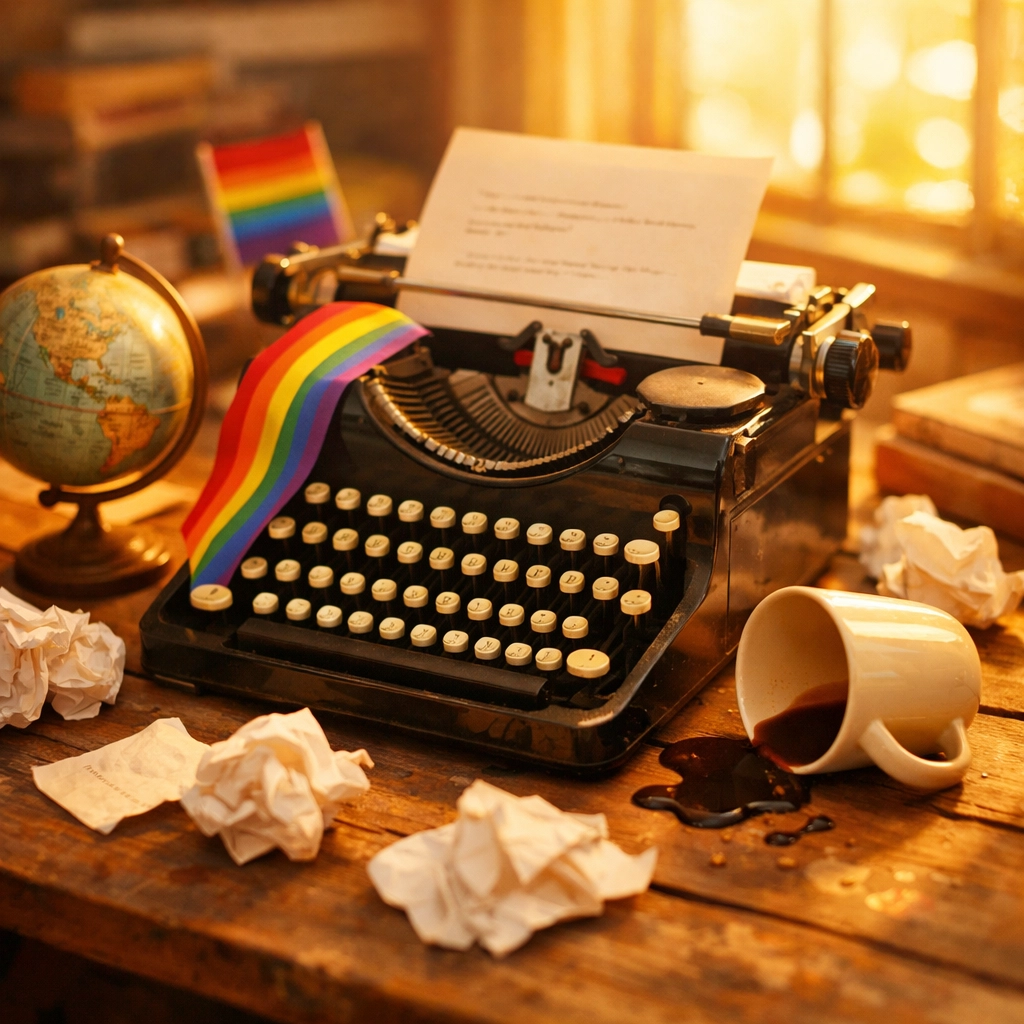 Writer's messy desk with typewriter and globe representing gay literary fiction workspace