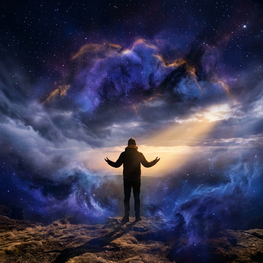 Silhouette stands before a cosmic horizon, arms open, signifying breakthrough and personal power in deep transformation and release trauma.