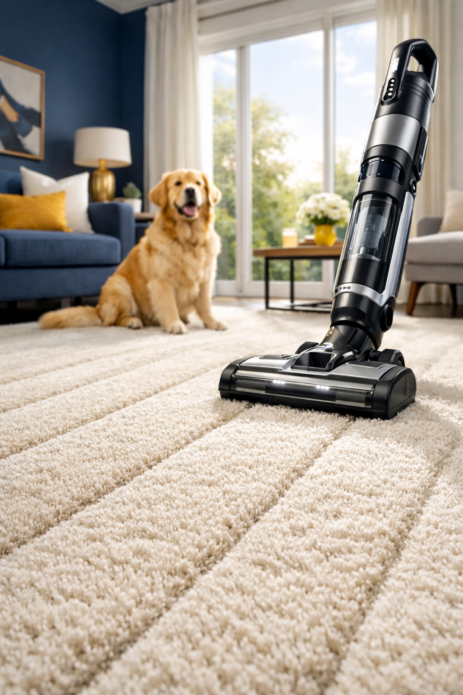 Golden Retriever sitting on a clean cream rug in a sunlit living room with professional vacuum lines.