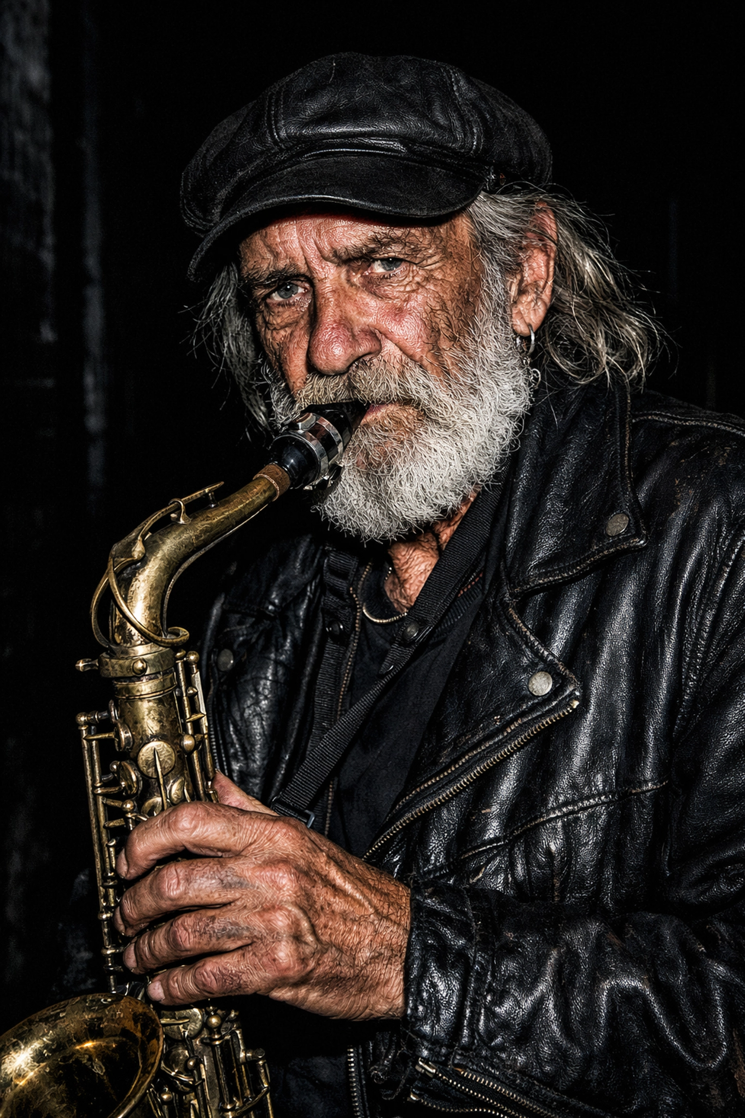 A street musician with a saxophone illuminated by flash in a dark alleyway for sharp street photography.
