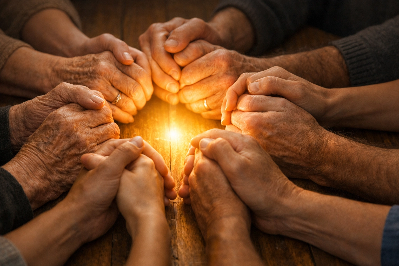 Diverse hands joined in a prayer circle, representing the freedom to worship and seek the Holy Spirit.