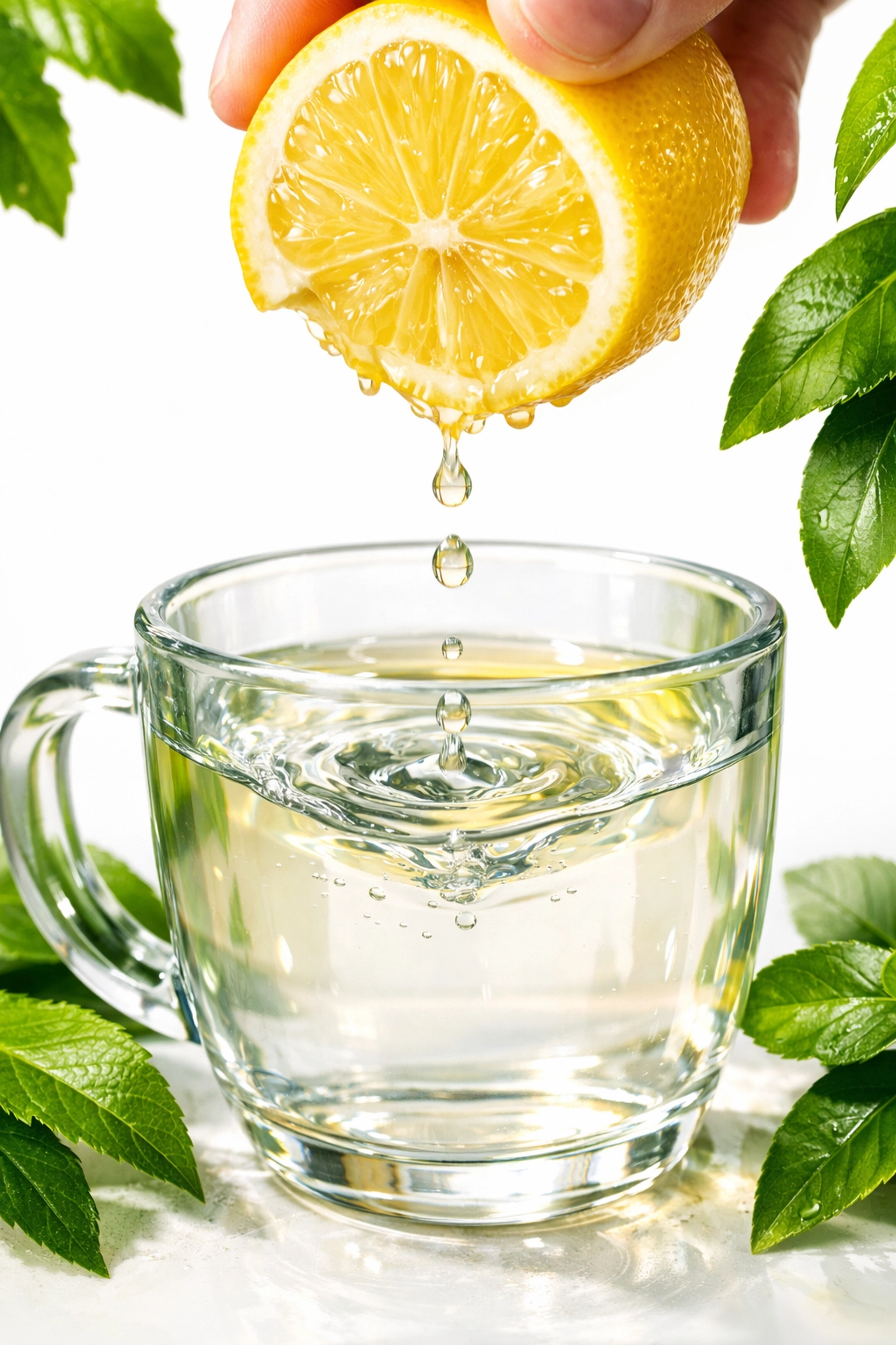 Fresh lemon being squeezed into water for natural hydration