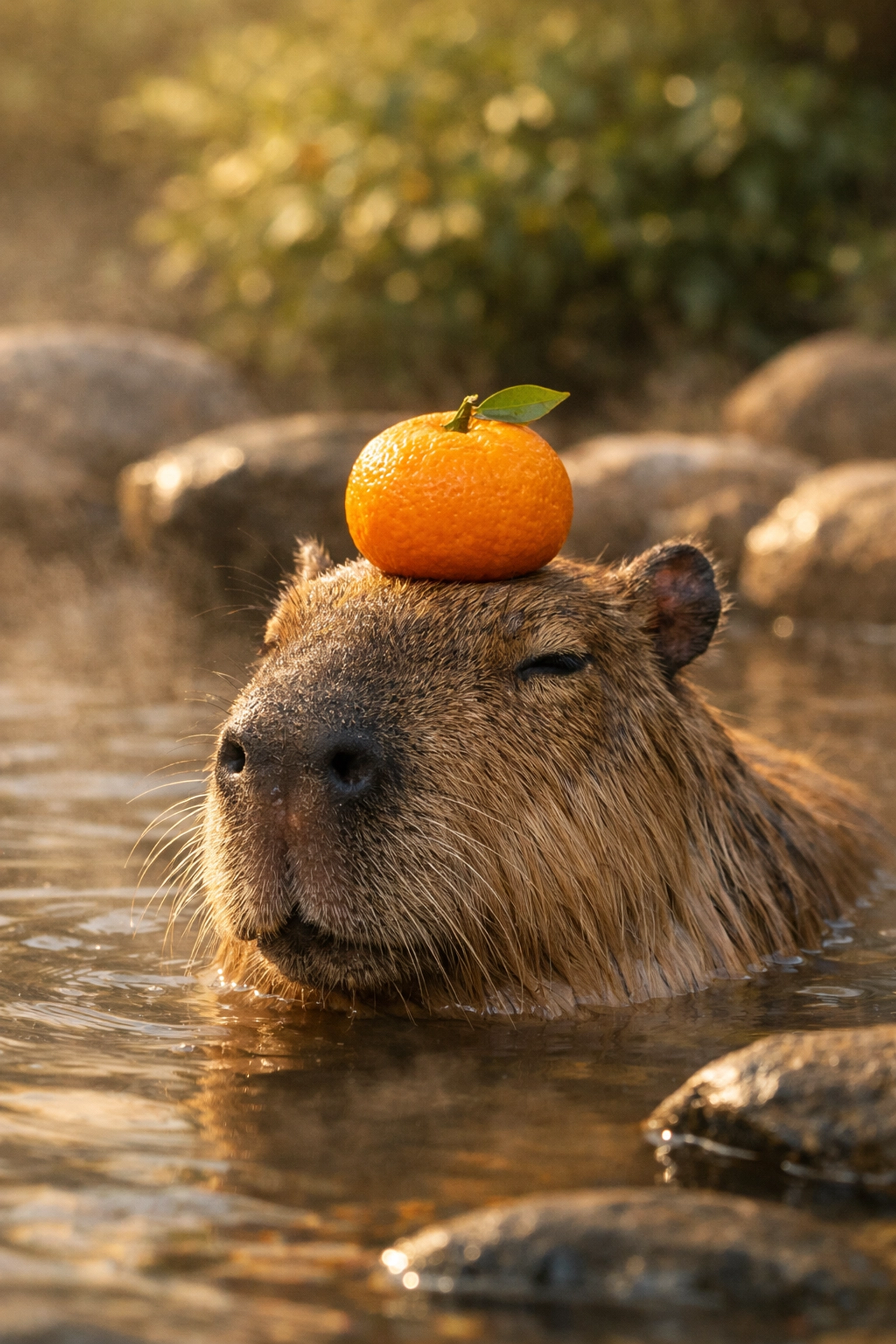 A calm capybara relaxing in a hot spring with an orange on its head, representing the ultimate chill vibe.