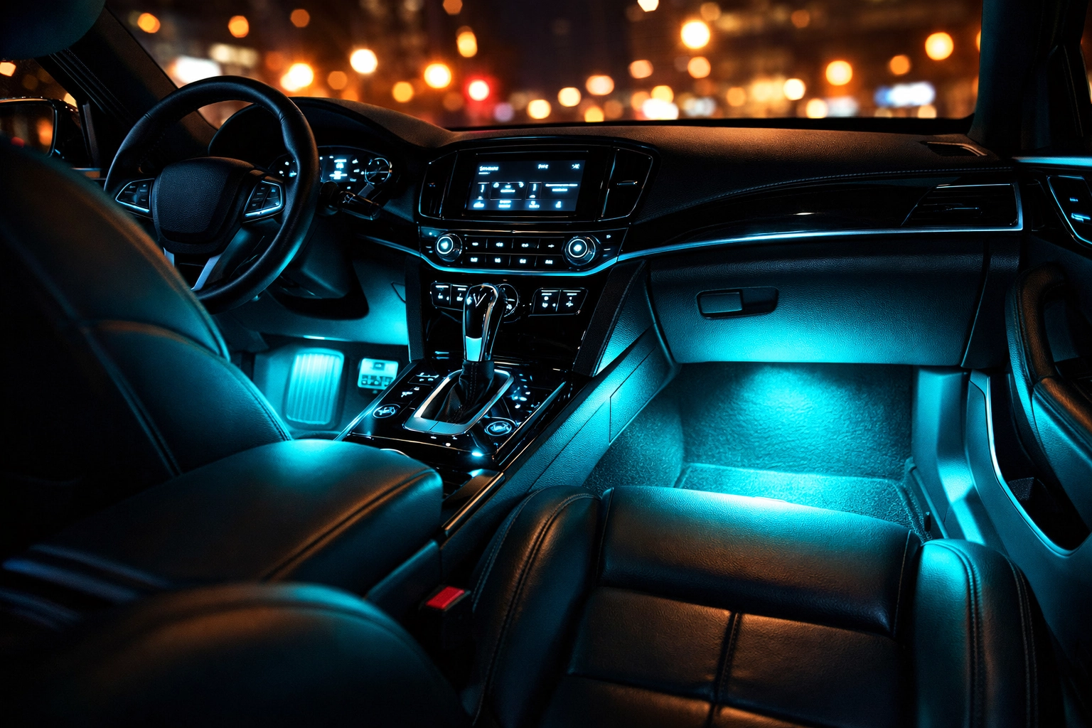Custom car interior LED lighting in cyan installed by Ultimate Sounds in Chattanooga.