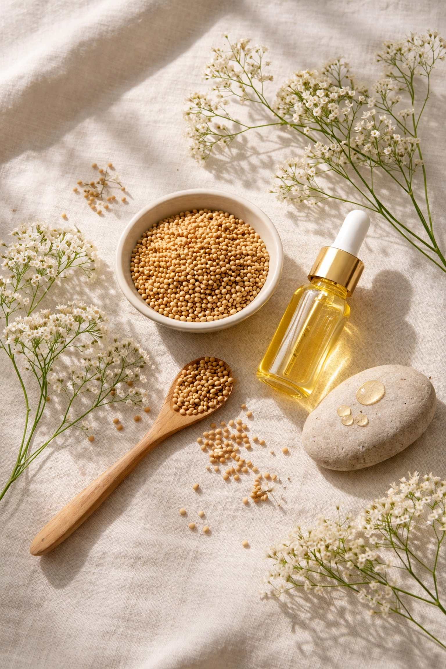 Abyssinian oil with Crambe Abyssinica seeds and flowers displayed naturally, highlighting skincare purity