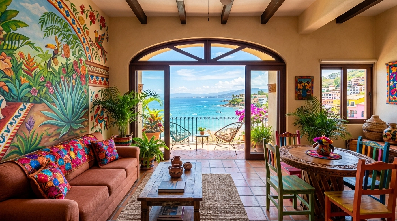 Open-plan condo interior with a beautiful Puerto Vallarta mural and bright ocean views through the door