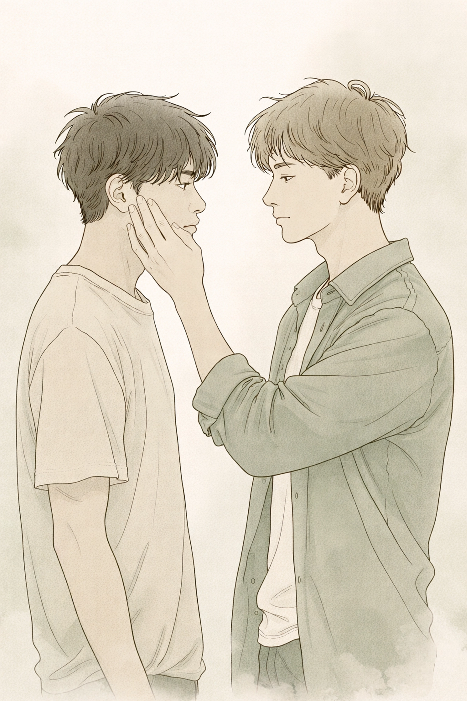 Illustration of two men, one gently removing the other's mask, symbolizing vulnerability and coming out in MM romance.