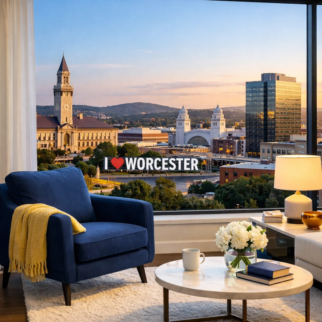 Pristine Worcester living room with a city view after a professional deep cleaning Worcester service.