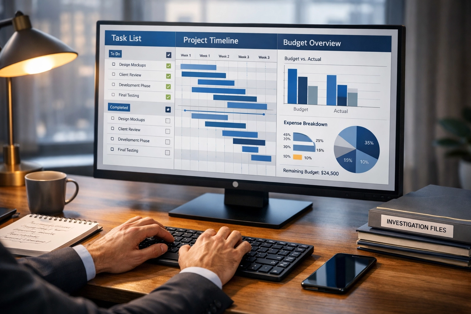 Real-time investigation tracking dashboard monitoring hours, tasks and budget against defined scope