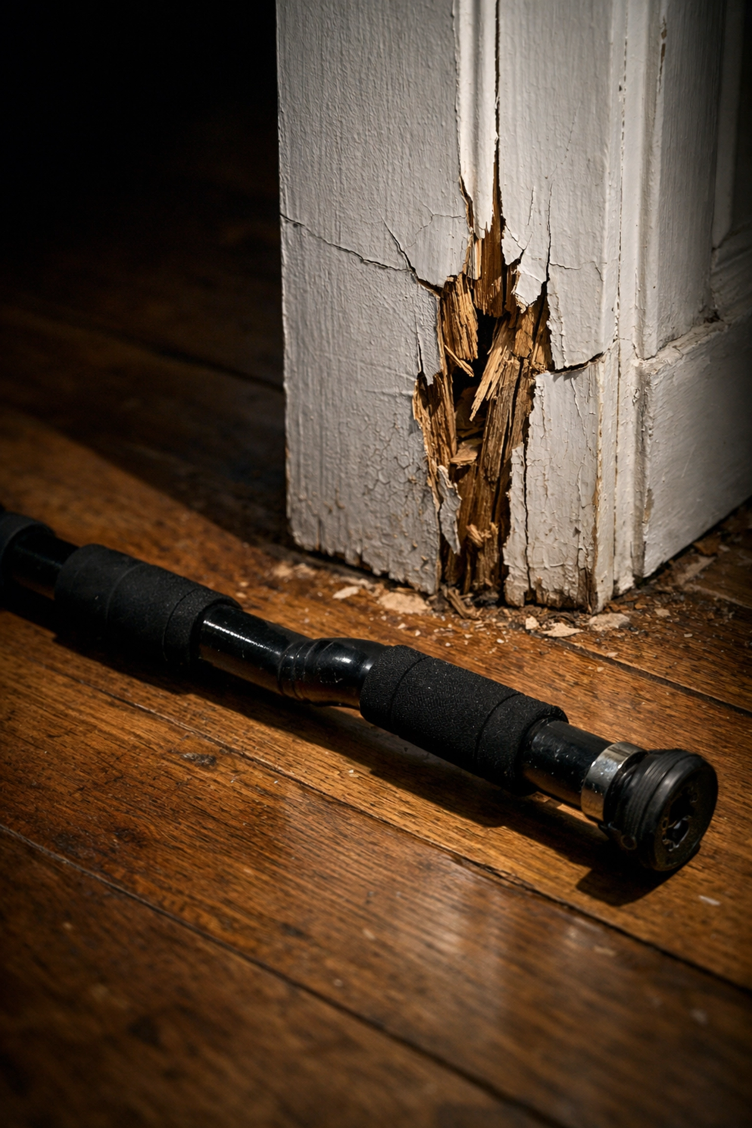 Damaged door frame and broken doorway pull up bar illustrating home workout property damage.