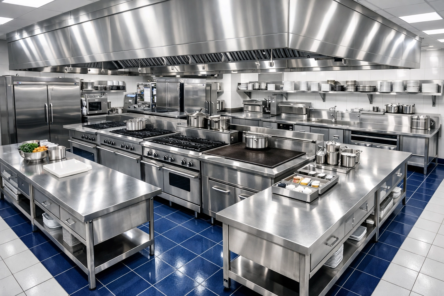 Professionally sanitized commercial restaurant kitchen with gleaming stainless steel prep surfaces.