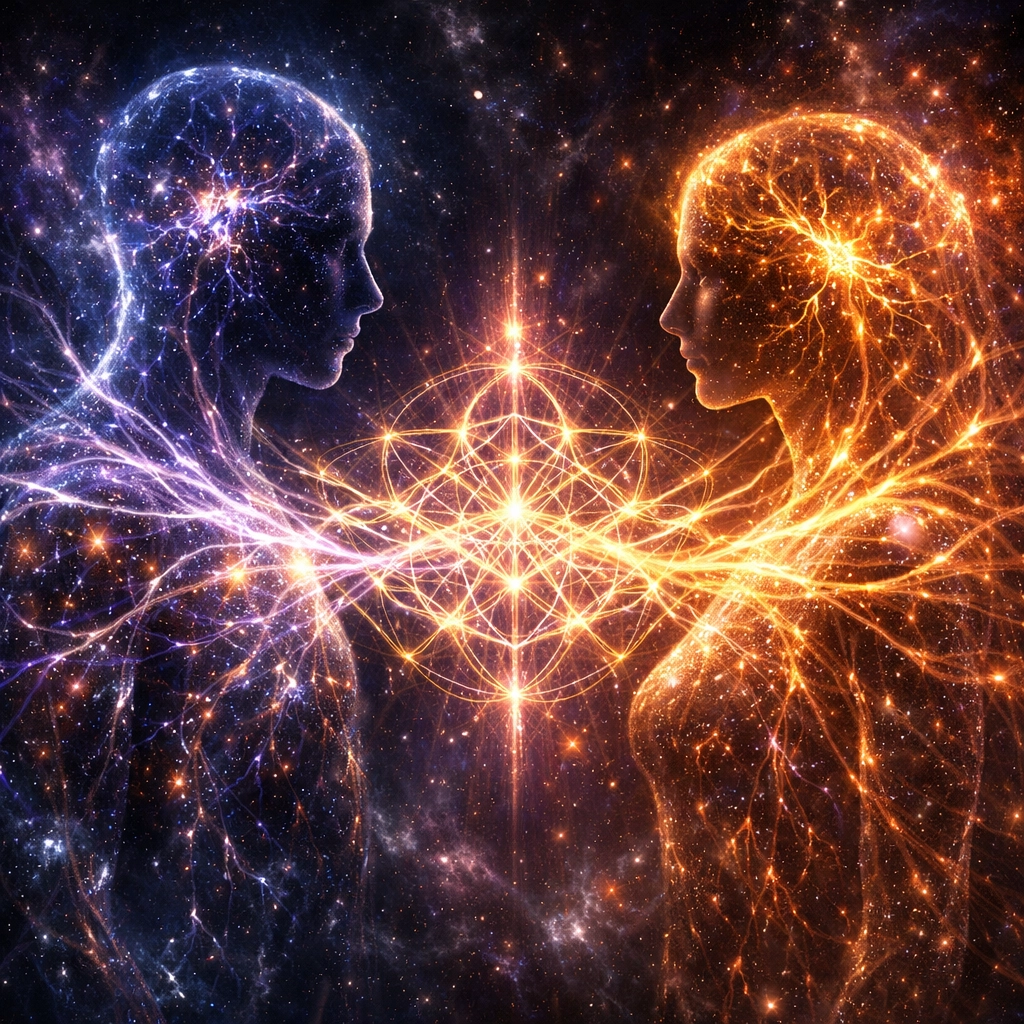 Two silhouettes connected by light webs illustrating nervous system co-regulation in relationships.